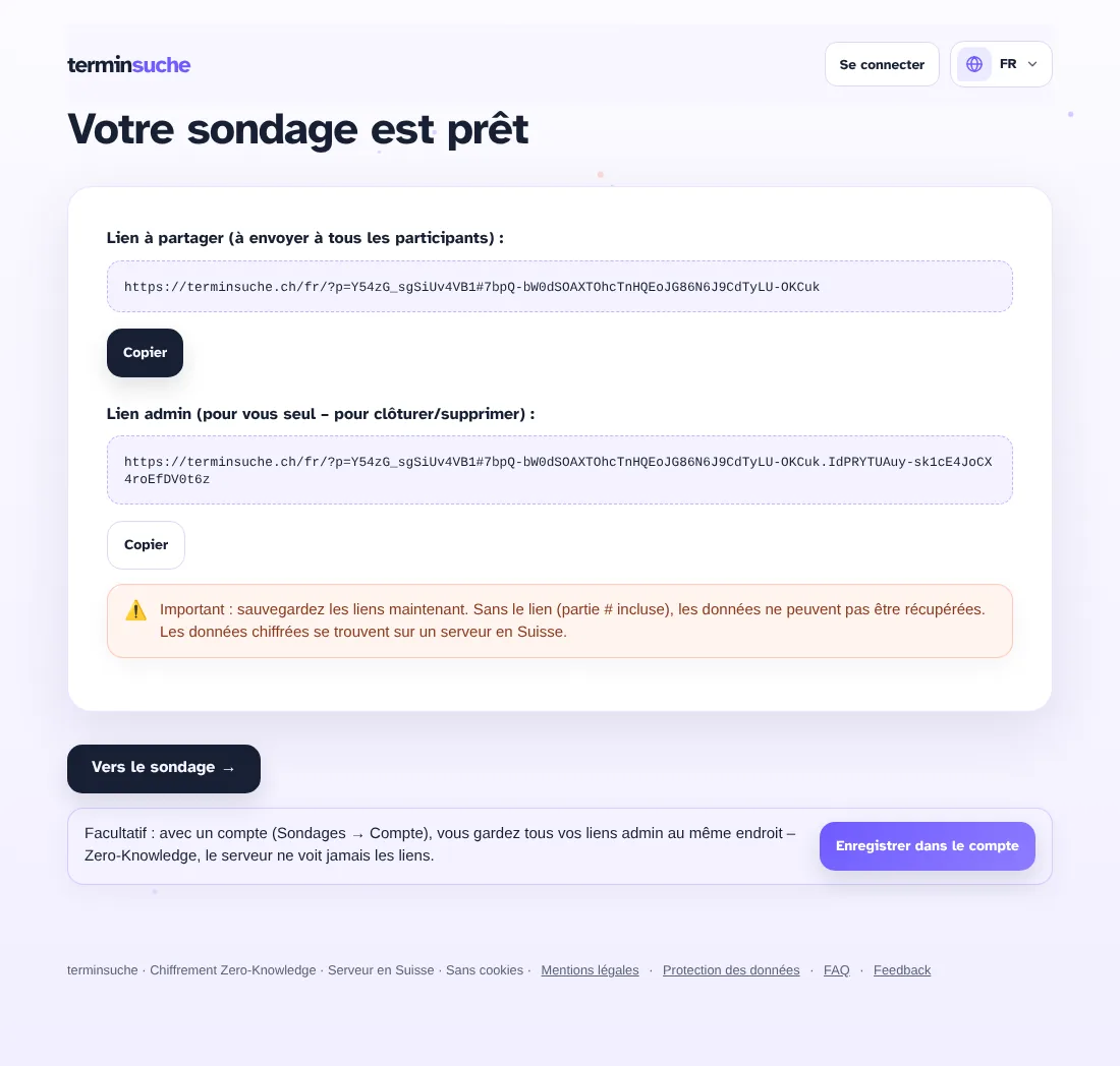 Lien participant et lien admin après la création